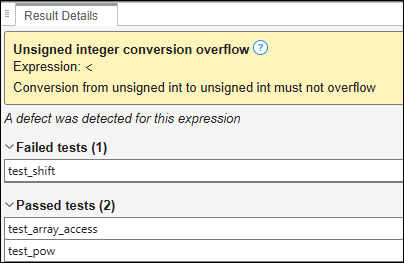 The Result Details pane showing the defect type, code expression, defect message, and lists of passed and failed tests.