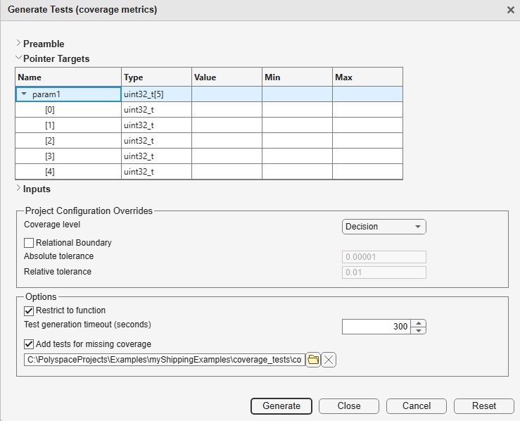 Pointer Targets section of test generation dialog showing resized target