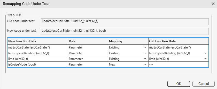 Remapping Code Under Test dialog box. The Mapping column shows whether a parameter is new or existing. For existing parameters, the Old Function Data column shows which old function parameter is mapped to the current parameter.
