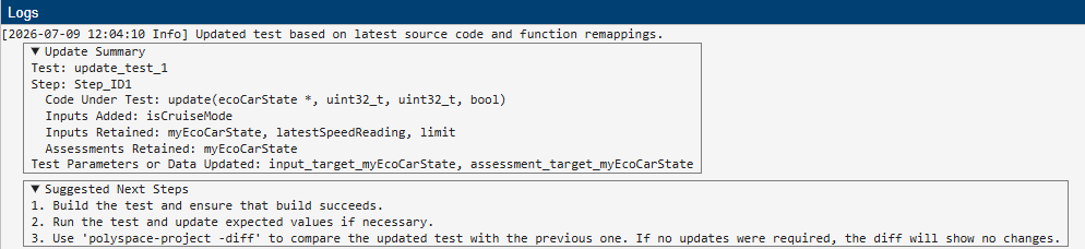 The Logs window provides an Update Summary, listing the changes that were made for each step in the test, and a list of suggested next steps.