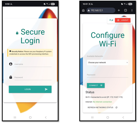 Wi‑Fi setup web interface displayed on the client (here, mobile phone)