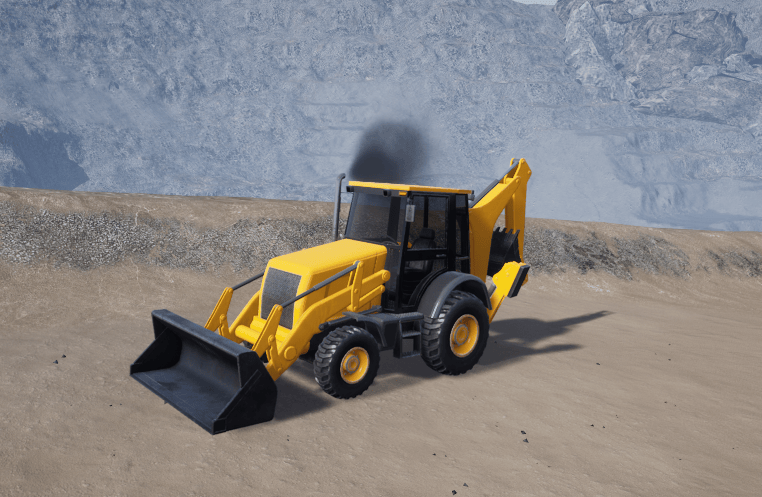 Backhoe vehicle in pit mining scene.