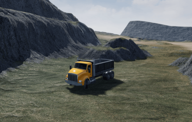 Dump truck following planned paths in the offroad pit mine scene using the autonomous haul truck reference example.