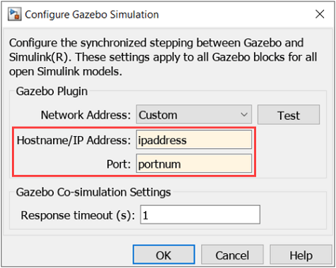 Configure Gazebo simulation dialog box with host name and port fields highlighted