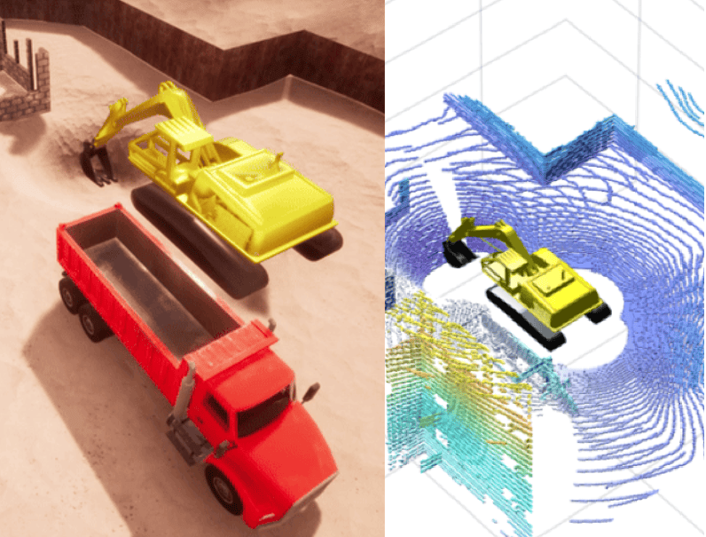 Left image shows backhoe excavating ground material and loading it into dump truck. Right image shows the lidar simulation of this same scenario.