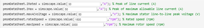 Code block from the PMSM block derived data sheet with text boxes for you to specify additional variables. These variables are the peak line current in amps, the peak maximum allowable line current in amps, the maximum stator line-to-line peak voltage in volts, the rated speed in rpm, and the maximum rotor speed in rpm.
