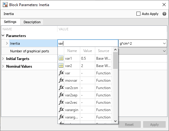 Block dialog box showing a list of autocomplete options