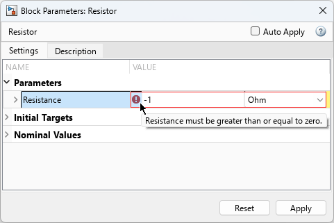 Block dialog box with error message displayed