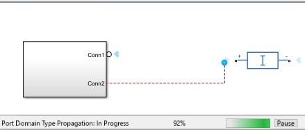 Port domain type propagation in progress, with Pause button on status bar.