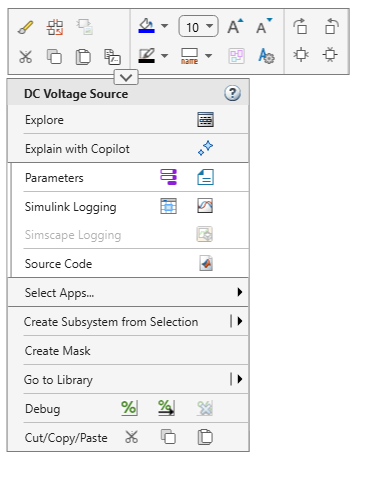 DC Voltage Source block context-sensitive menu in R2026a