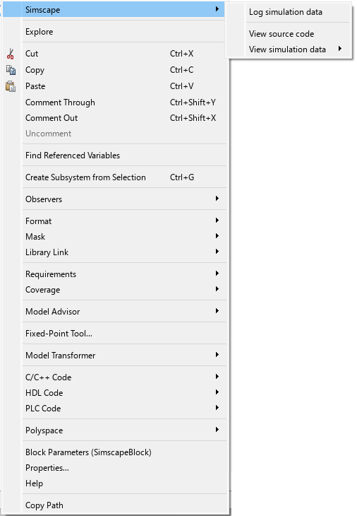 DC Voltage Source block context-sensitive menu in R2025a