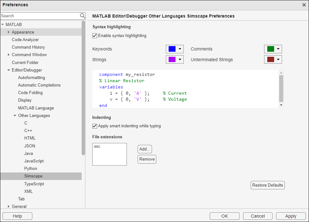 Simscape language preferences panel showing default colors for syntax highlighting and a code sample