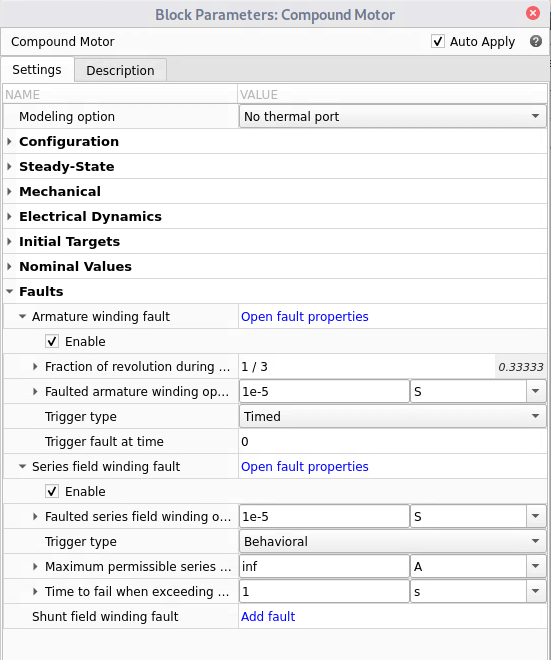 Block dialog box for the Compound Motor block that shows two enabled faults and their parameters.