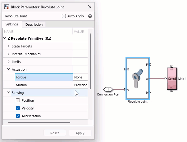 Simscape model with a Revolute Joint block. The input signal to port q remains connected despite addition of port t and the output signal at the deleted port w is disconnected.