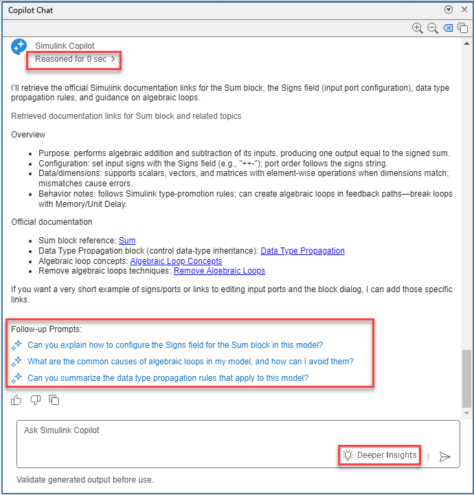 Chat panel containing the overview of Sum blocks.