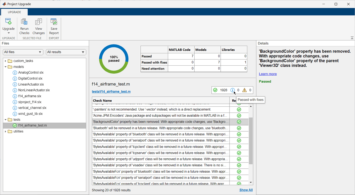 Project Upgrade tool with the toolstrip on top, list of files in the left pane, check details in the right pane, and results summary in the middle