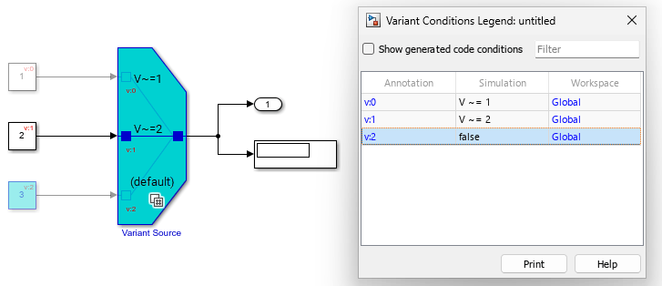 Model containing a Variant Source block with three variant choices, where the third default choice is always false