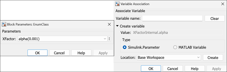 Block parameter dialog box and Variable Association dialog box.