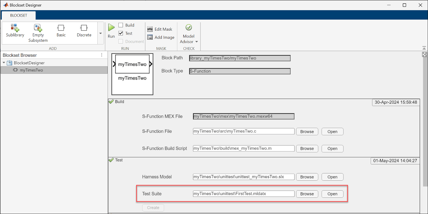 Blockset Designer block page with mldatx test suite