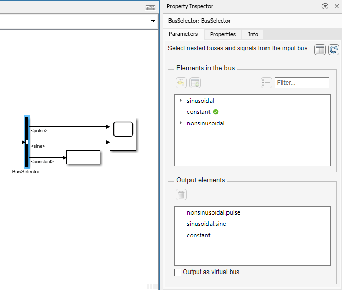 Bus Selector block parameters in Property Inspector