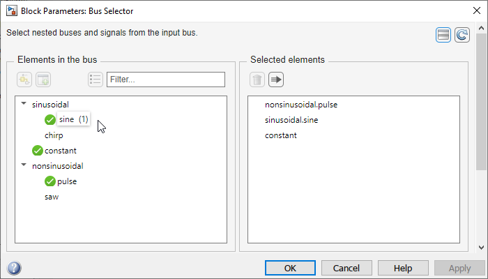 Bus Selector block dialog box with horizontal layout