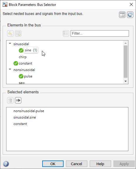 Bus Selector block dialog box with vertical layout