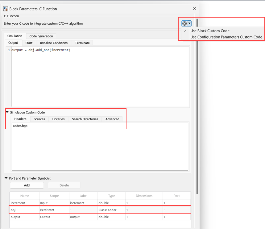 Specify custom code locally in C Function block.