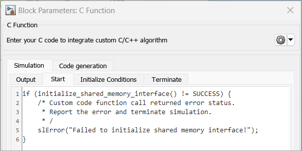 slError reports error at the start of C Function block simulation.