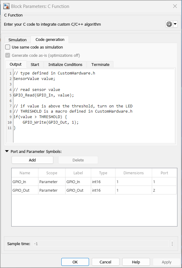 New Code generation tab in C Function Block Parameter dialog box.