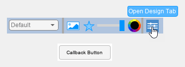 Callback Button block from the Dashboard Library in design mode with a toolbar above it, and the pointer over the Open Design Tab button in the toolbar