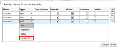 Custom Table column settings dialog showing the Type field set to combobox for a column, with other column properties listed in a table.