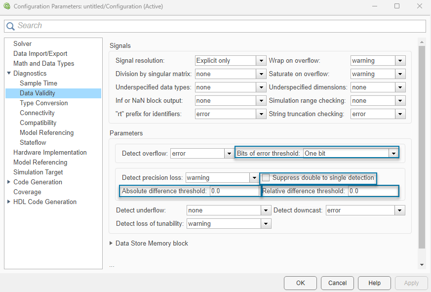 Diagnostics > Data Validity pane of the Configuration Parameters dialog. The four new configuration parameters are highlighted.