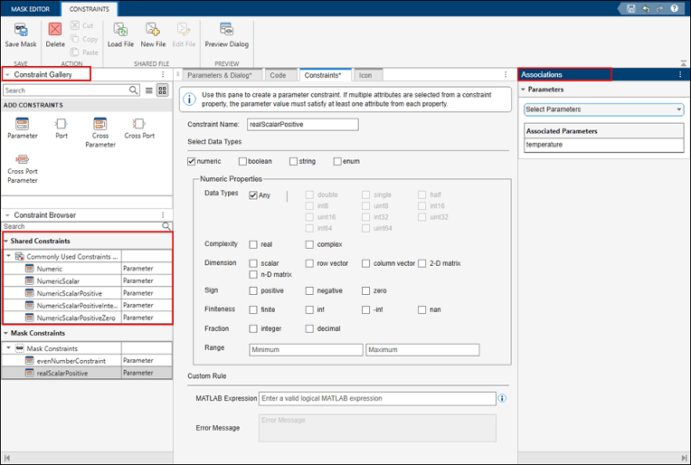 Constraint manager displays a parameter constraint associated to a parameter temperature