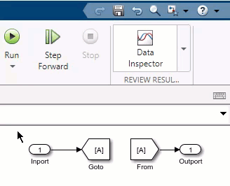 An Inport block connects to a Goto block, and a From block connects to an Outport block. The pointer selects all four blocks, and in the toolstrip, clicks the Convert to signal button. The Goto and From blocks convert into a signal line connecting the Inport block to the Outport block.