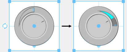 Custom radio knob with the foreground in its default orientation (left), and with the foreground rotated ninety degrees (right)