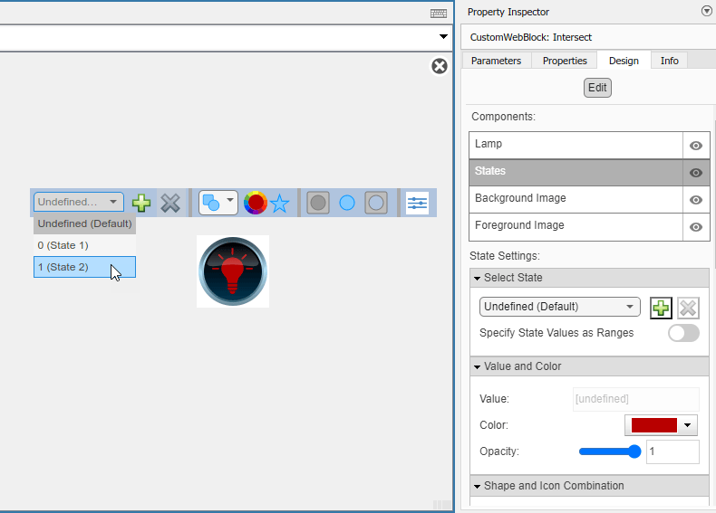 Customizable Lamp block in design mode with the Design tab of the Property Inspector visible.