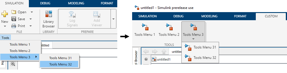 A custom toolbar menu on the left labeled Tools has two list items without pop-up lists and one list item with a pop-up list. The converted toolstrip tab is on the right and shows a single tab labeled TOOLS that has two push buttons and one drop-down button.