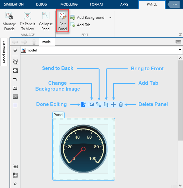 A panel that contains a Circular Gauge block is shown in edit mode. In the Simulink Toolstrip, the Edit Panel button is boxed in red. The action menu is visible, with the buttons labeled. In order from left to right, the buttons are: the Done Editing button, the Change Background Image button, the Send to Back button, the Bring to Front button, the Add Tab button, and the Delete Panel button.