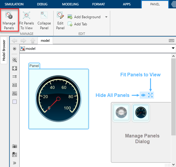 A panel that contains a Circular Gauge block is selected, and the Panel toolstrip tab is shown. In the Panel toolstrip tab, the Manage Panels button is boxed in red, and in the canvas, the Manage Panels dialog is open. While only one panel is visible in the Simulink window, the dialog shows two panels: the panel that contains the Circular Gauge block, and a second panel that contains a Knob block. Above the Manage Panels dialog, the Hide All Panels and Fit Panels to View buttons are labeled.