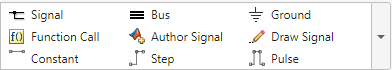 Signal Editor list of quick signals to add, including basic signal, bus, function call, and ground. Signal Editor list of custom signals using Author Signal or Draw Signal.