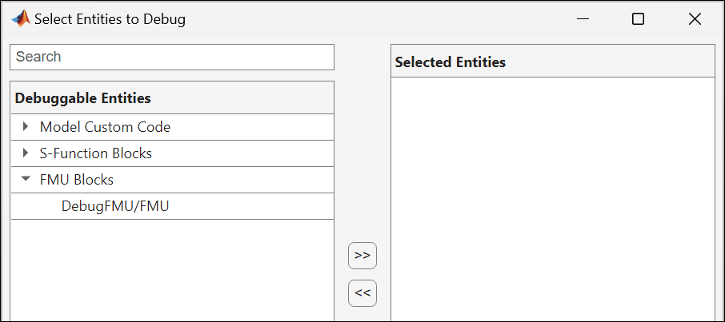 Dialog box that lists entities that can be debugged