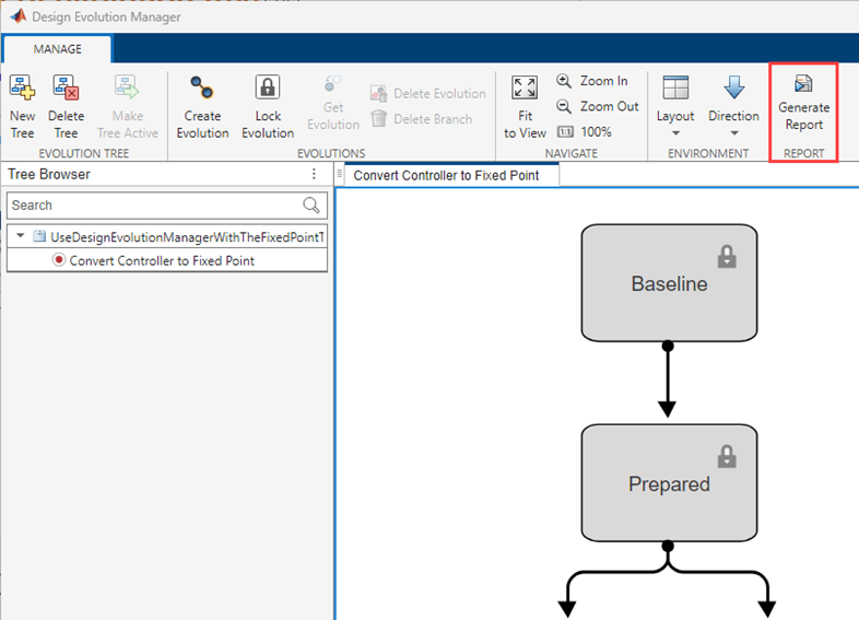 Screenshot of Design Evolution Manager app with Generate Report button highlighted in toolstrip.