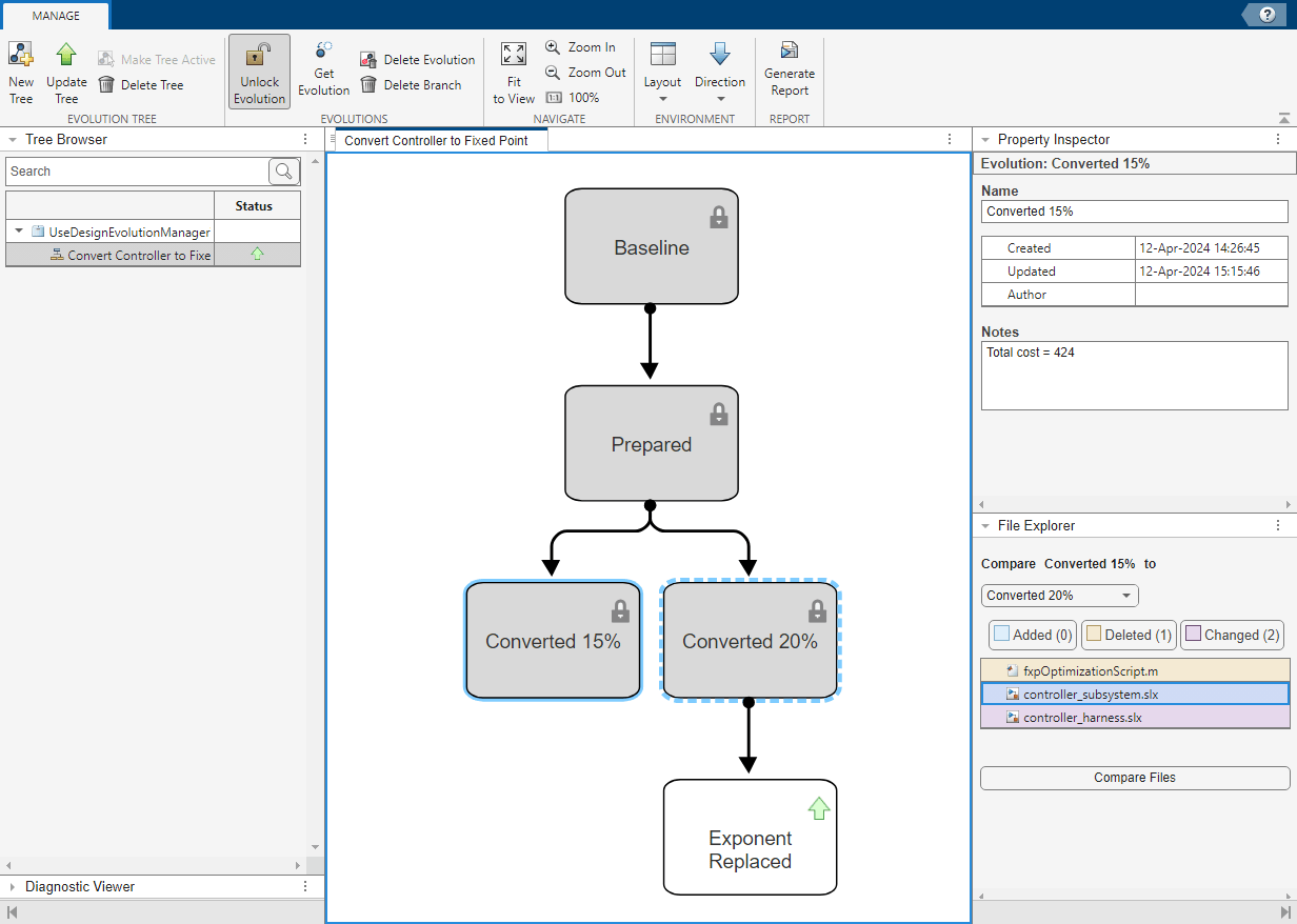 Screenshot of the Design Evolution Manager app in the MATLAB desktop.
