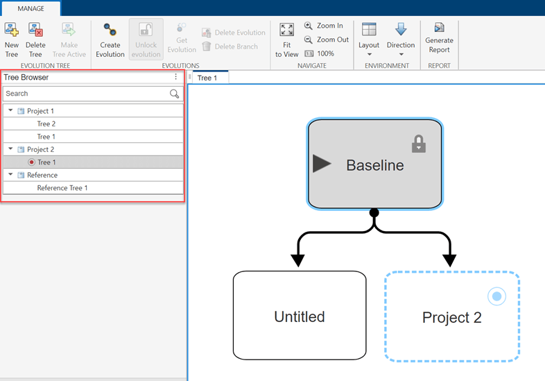 Screenshot of Design Evolution Manager app with Tree Browser pane highlighted.