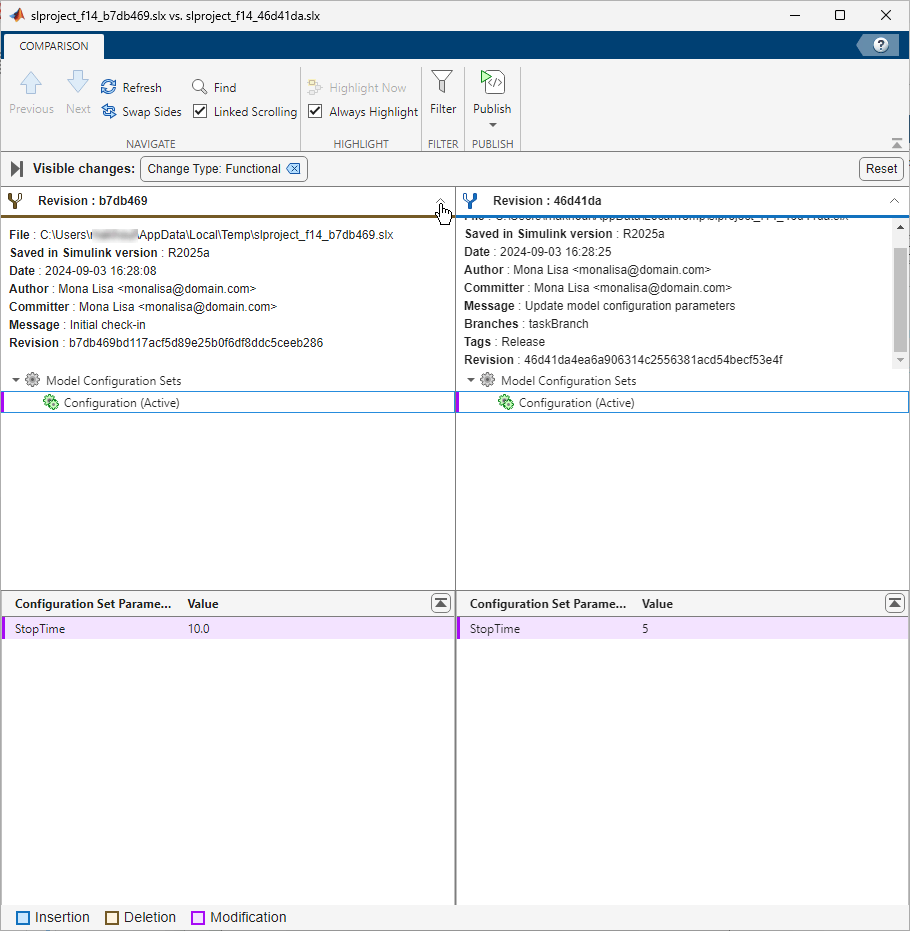 Comparison report shows details for compared files such as tags and branches.