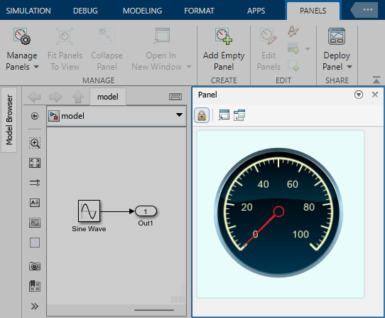 A panel is docked to the Simulink Editor. The panel has two tabs. The selected tab contains a Circular Gauge block.