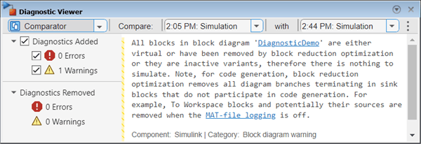 Diagnostic Viewer displaying the Comparator. At the top, there are drop-down menus for selecting simulation stages to compare. The left side displays the count of diagnostics that have been added and removed. The center pane presents the newly added diagnostic messages.
