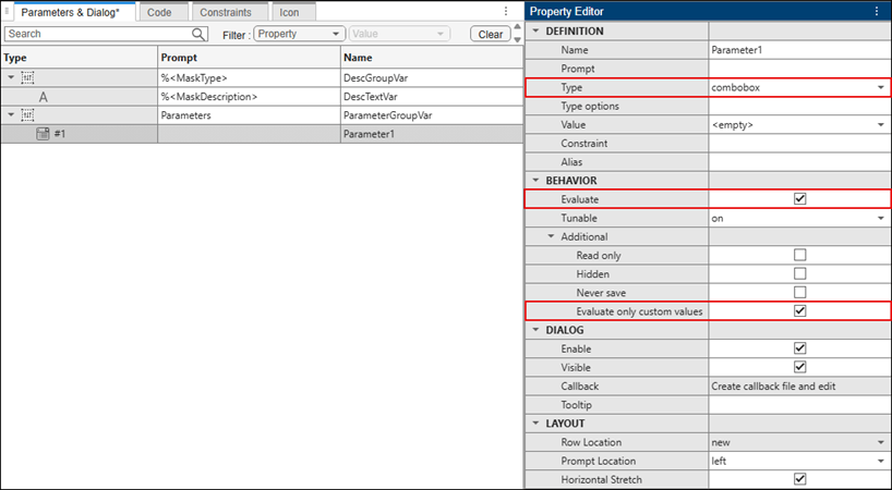 Mask Editor showing a parameter selected in the Parameters pane. In the Property Editor section, the Type is set to combobox and Evaluate only custom values is enabled.