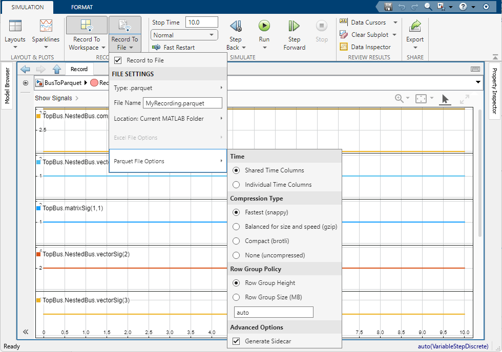 The Record block with the Record To File menu open to show the Parquet File Options menu.