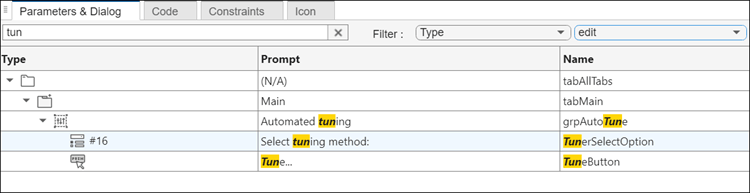 Parameters and dialog tab of Mask Editor showing the filter and search fields.